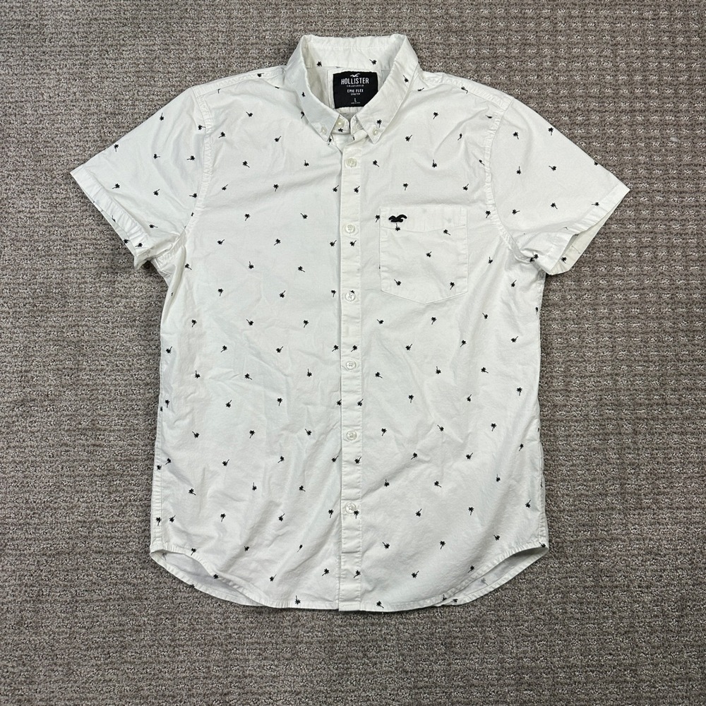 Hollister Mens Epic Flex Short Sleeve Button Down Palm Tree Print Shirt White L